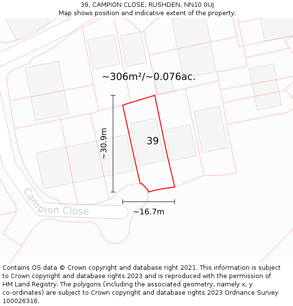 39, CAMPION CLOSE, RUSHDEN, NN10 0UJ: Plot and title map