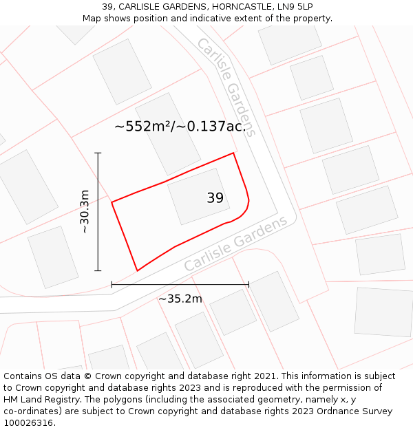 39, CARLISLE GARDENS, HORNCASTLE, LN9 5LP: Plot and title map