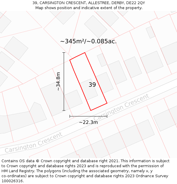 39, CARSINGTON CRESCENT, ALLESTREE, DERBY, DE22 2QY: Plot and title map