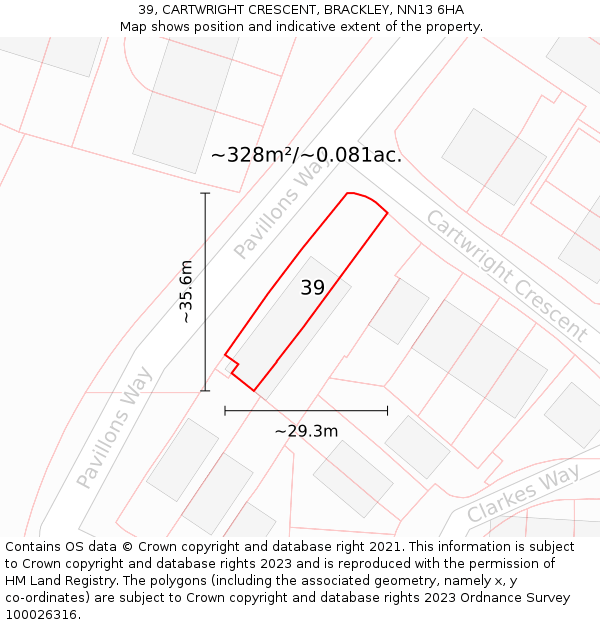 39, CARTWRIGHT CRESCENT, BRACKLEY, NN13 6HA: Plot and title map