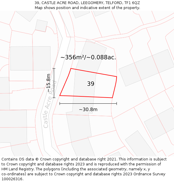 39, CASTLE ACRE ROAD, LEEGOMERY, TELFORD, TF1 6QZ: Plot and title map