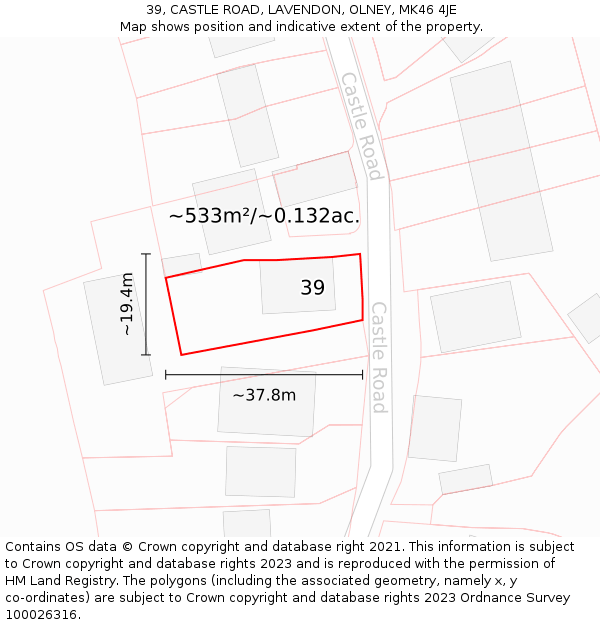 39, CASTLE ROAD, LAVENDON, OLNEY, MK46 4JE: Plot and title map