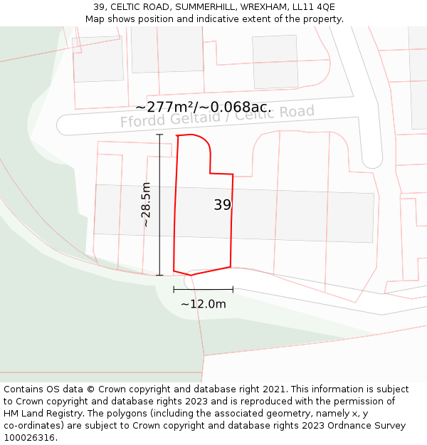39, CELTIC ROAD, SUMMERHILL, WREXHAM, LL11 4QE: Plot and title map