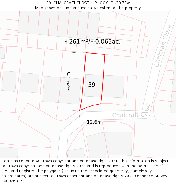 39, CHALCRAFT CLOSE, LIPHOOK, GU30 7PW: Plot and title map