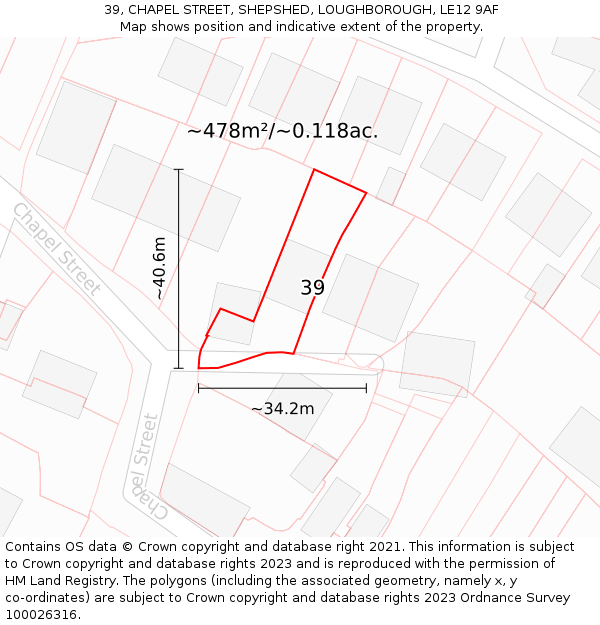 39, CHAPEL STREET, SHEPSHED, LOUGHBOROUGH, LE12 9AF: Plot and title map