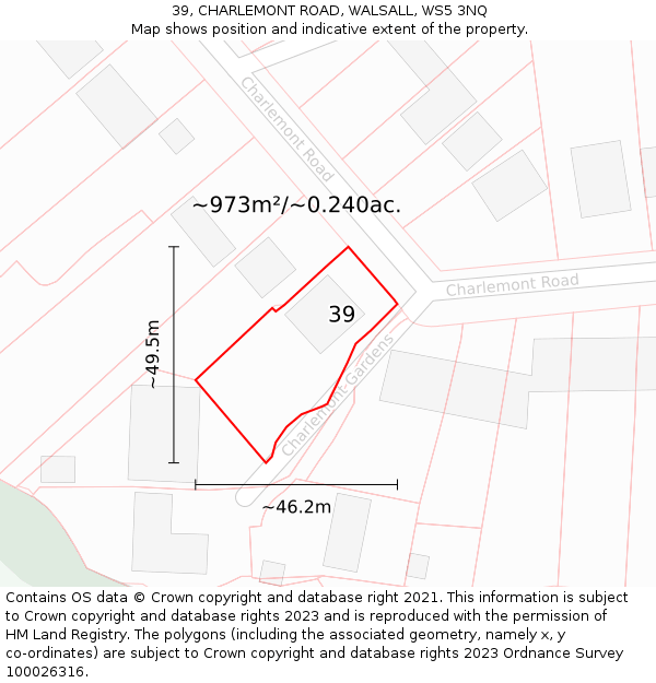 39, CHARLEMONT ROAD, WALSALL, WS5 3NQ: Plot and title map