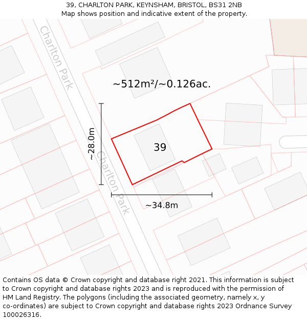 39, CHARLTON PARK, KEYNSHAM, BRISTOL, BS31 2NB: Plot and title map