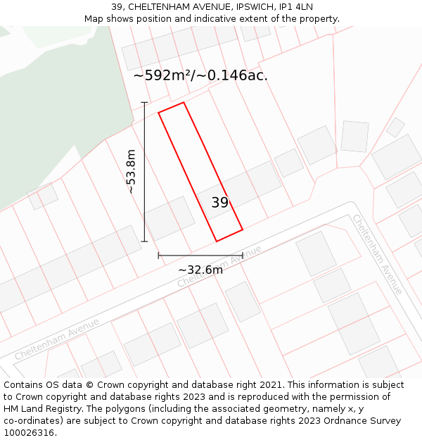 39, CHELTENHAM AVENUE, IPSWICH, IP1 4LN: Plot and title map