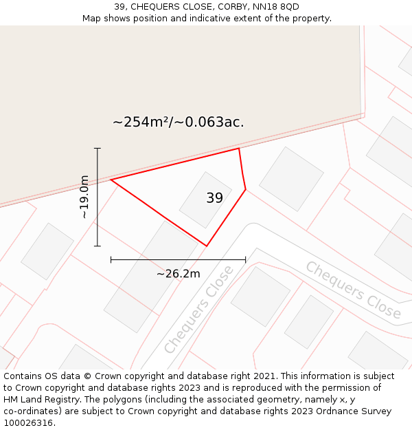 39, CHEQUERS CLOSE, CORBY, NN18 8QD: Plot and title map