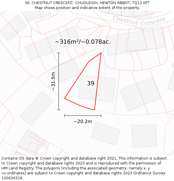 39, CHESTNUT CRESCENT, CHUDLEIGH, NEWTON ABBOT, TQ13 0PT: Plot and title map