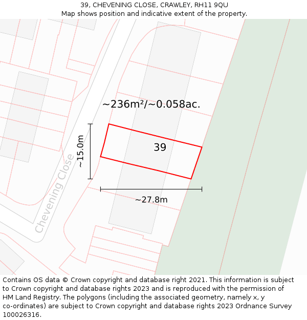 39, CHEVENING CLOSE, CRAWLEY, RH11 9QU: Plot and title map