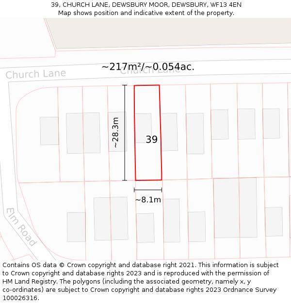 39, CHURCH LANE, DEWSBURY MOOR, DEWSBURY, WF13 4EN: Plot and title map