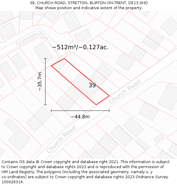 39, CHURCH ROAD, STRETTON, BURTON-ON-TRENT, DE13 0HD: Plot and title map