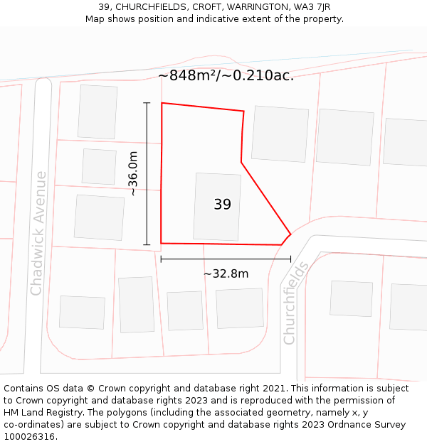 39, CHURCHFIELDS, CROFT, WARRINGTON, WA3 7JR: Plot and title map