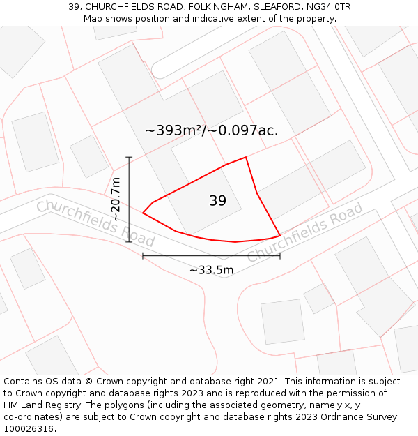 39, CHURCHFIELDS ROAD, FOLKINGHAM, SLEAFORD, NG34 0TR: Plot and title map