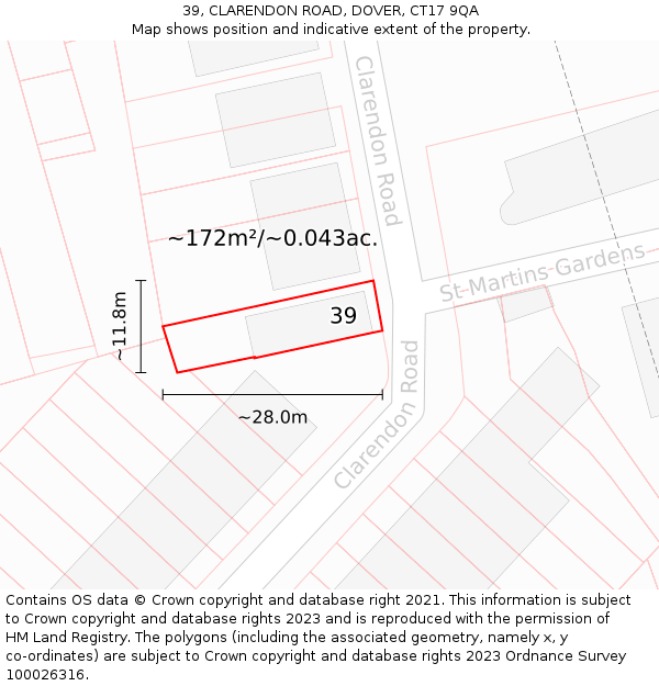 39, CLARENDON ROAD, DOVER, CT17 9QA: Plot and title map
