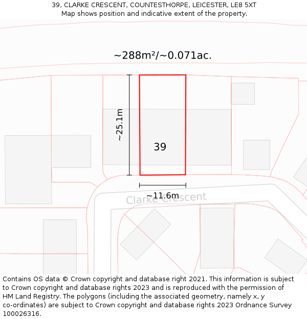 39, CLARKE CRESCENT, COUNTESTHORPE, LEICESTER, LE8 5XT: Plot and title map