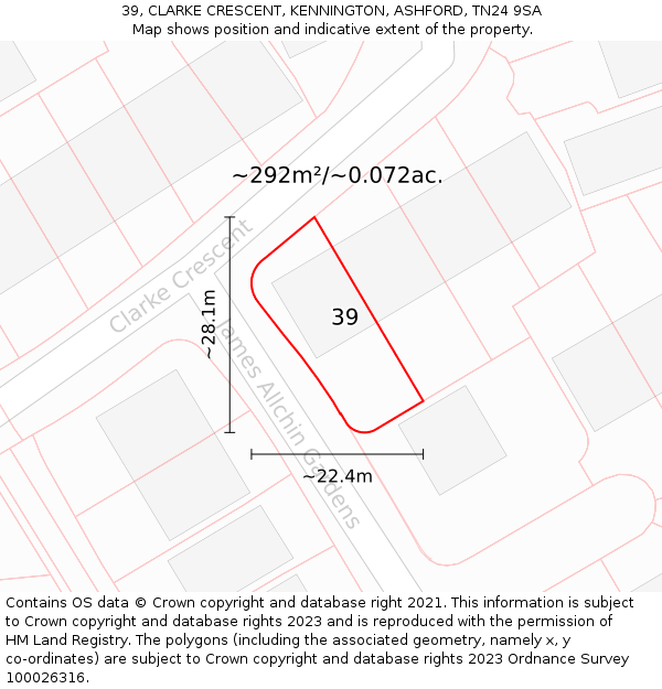 39, CLARKE CRESCENT, KENNINGTON, ASHFORD, TN24 9SA: Plot and title map