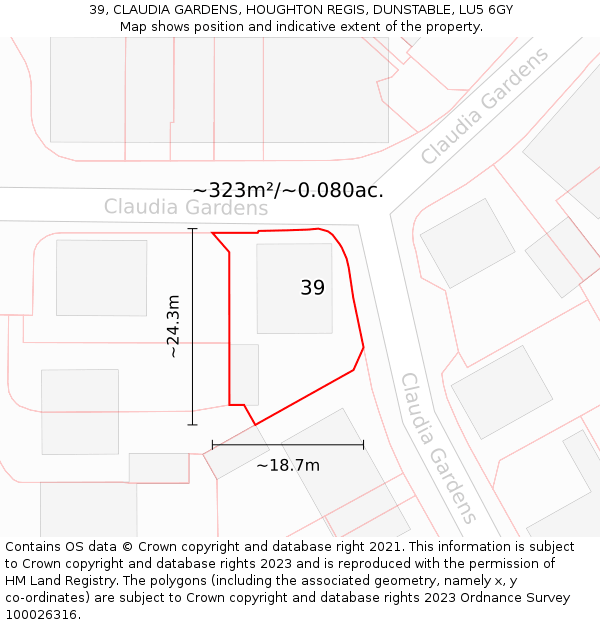 39, CLAUDIA GARDENS, HOUGHTON REGIS, DUNSTABLE, LU5 6GY: Plot and title map