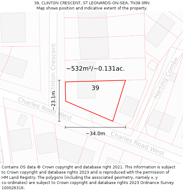 39, CLINTON CRESCENT, ST LEONARDS-ON-SEA, TN38 0RN: Plot and title map