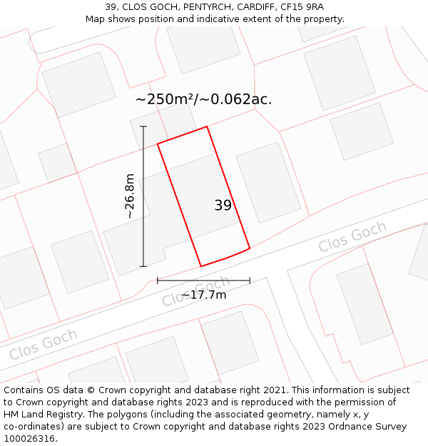 39, CLOS GOCH, PENTYRCH, CARDIFF, CF15 9RA: Plot and title map