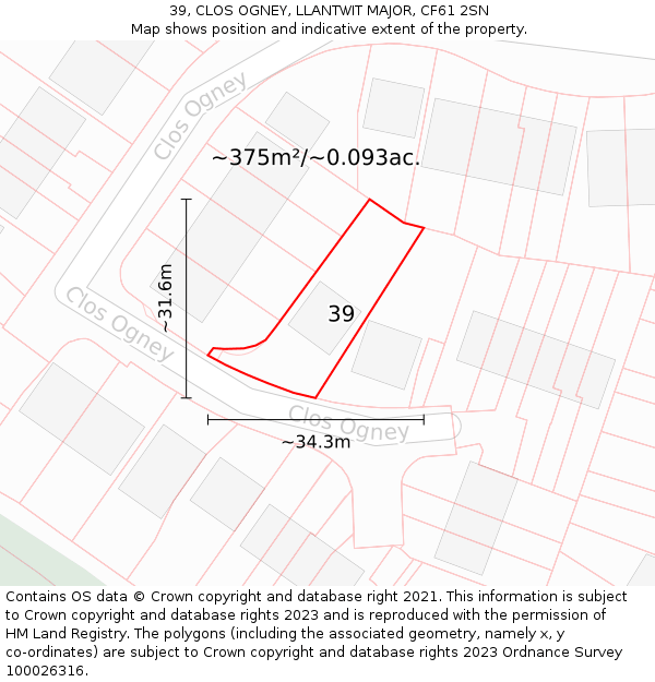 39, CLOS OGNEY, LLANTWIT MAJOR, CF61 2SN: Plot and title map