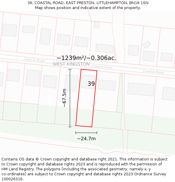 39, COASTAL ROAD, EAST PRESTON, LITTLEHAMPTON, BN16 1SN: Plot and title map