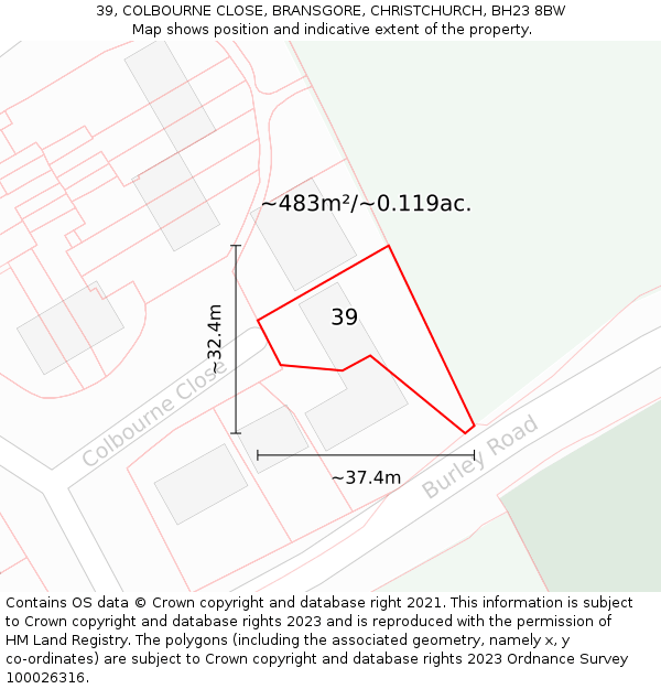 39, COLBOURNE CLOSE, BRANSGORE, CHRISTCHURCH, BH23 8BW: Plot and title map