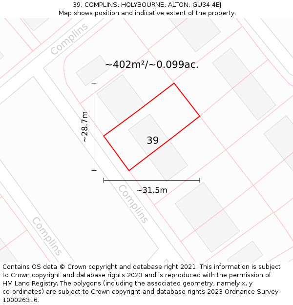 39, COMPLINS, HOLYBOURNE, ALTON, GU34 4EJ: Plot and title map