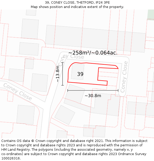 39, CONEY CLOSE, THETFORD, IP24 3PE: Plot and title map