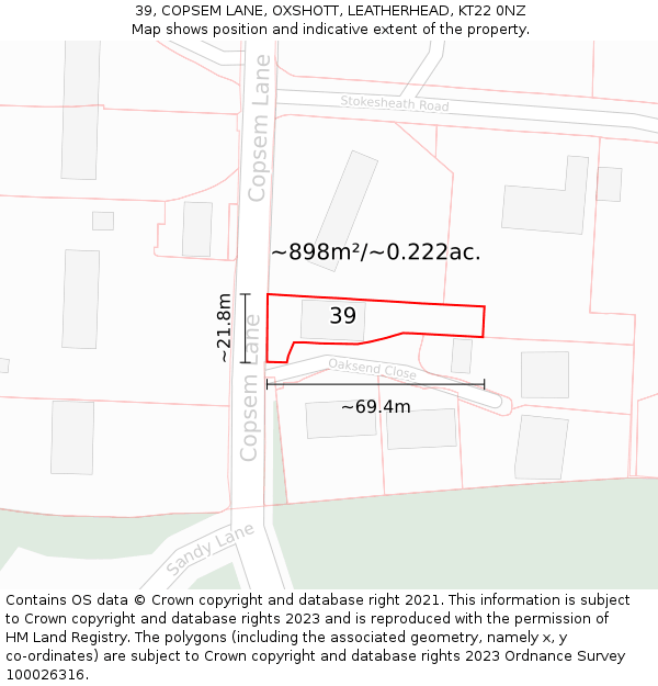 39, COPSEM LANE, OXSHOTT, LEATHERHEAD, KT22 0NZ: Plot and title map