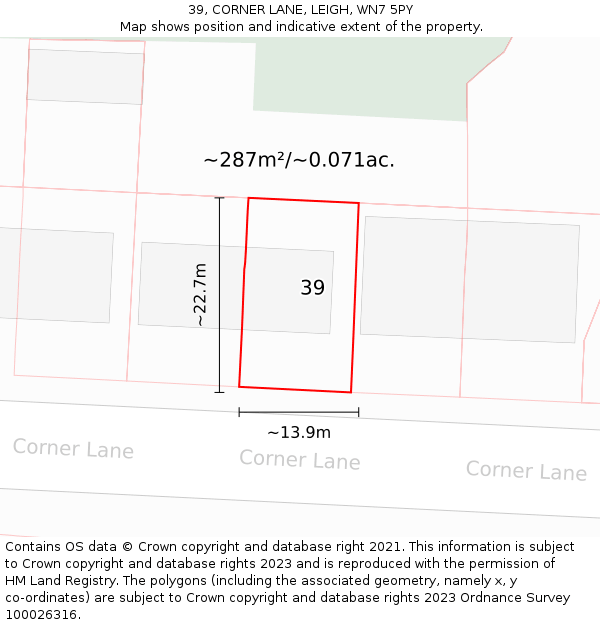 39, CORNER LANE, LEIGH, WN7 5PY: Plot and title map