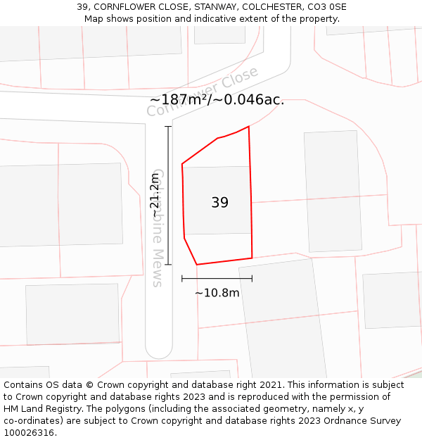 39, CORNFLOWER CLOSE, STANWAY, COLCHESTER, CO3 0SE: Plot and title map