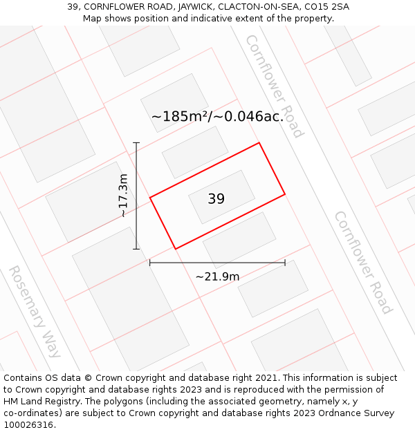 39, CORNFLOWER ROAD, JAYWICK, CLACTON-ON-SEA, CO15 2SA: Plot and title map