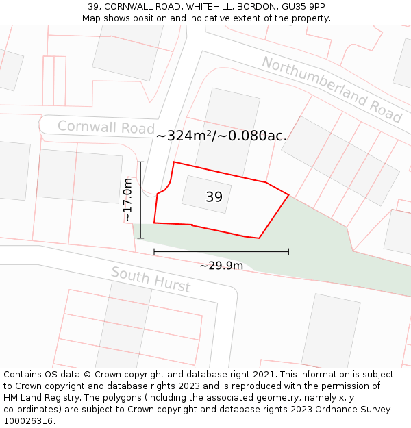 39, CORNWALL ROAD, WHITEHILL, BORDON, GU35 9PP: Plot and title map