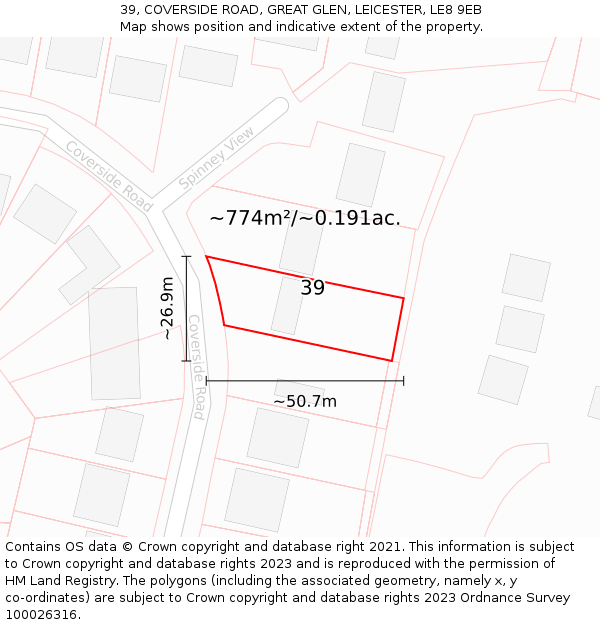 39, COVERSIDE ROAD, GREAT GLEN, LEICESTER, LE8 9EB: Plot and title map