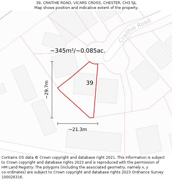 39, CRAITHIE ROAD, VICARS CROSS, CHESTER, CH3 5JL: Plot and title map