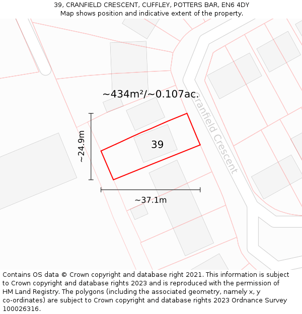 39, CRANFIELD CRESCENT, CUFFLEY, POTTERS BAR, EN6 4DY: Plot and title map