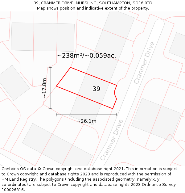 39, CRANMER DRIVE, NURSLING, SOUTHAMPTON, SO16 0TD: Plot and title map