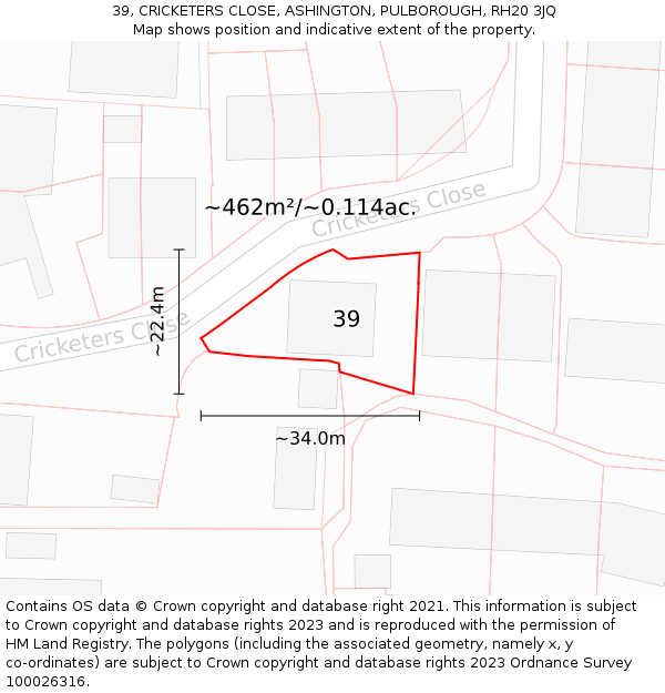 39, CRICKETERS CLOSE, ASHINGTON, PULBOROUGH, RH20 3JQ: Plot and title map