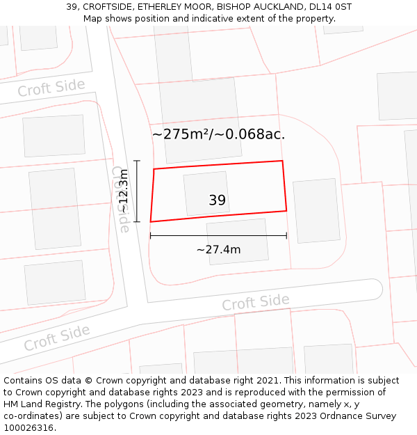 39, CROFTSIDE, ETHERLEY MOOR, BISHOP AUCKLAND, DL14 0ST: Plot and title map