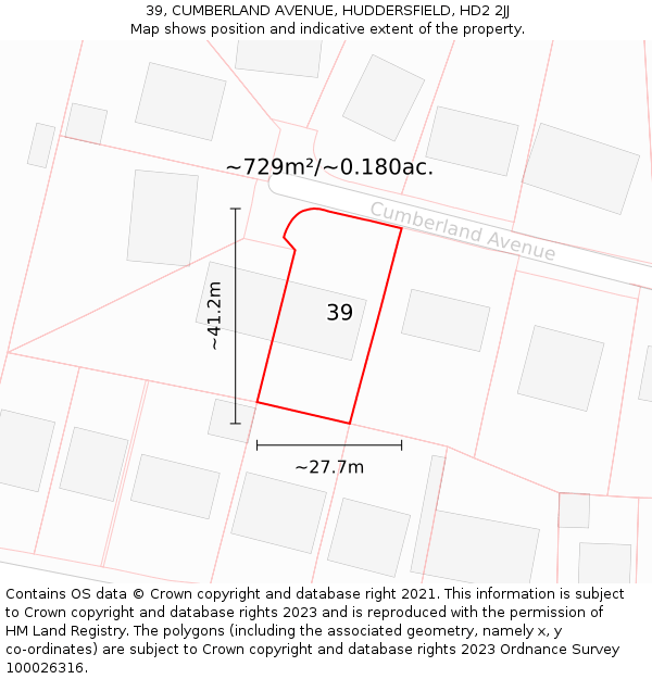 39, CUMBERLAND AVENUE, HUDDERSFIELD, HD2 2JJ: Plot and title map