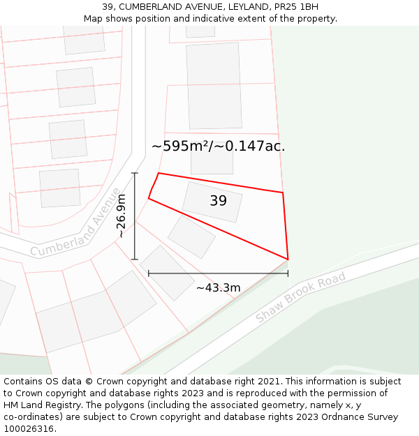 39, CUMBERLAND AVENUE, LEYLAND, PR25 1BH: Plot and title map