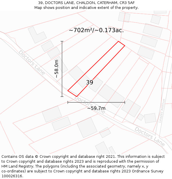 39, DOCTORS LANE, CHALDON, CATERHAM, CR3 5AF: Plot and title map