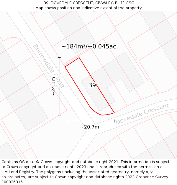 39, DOVEDALE CRESCENT, CRAWLEY, RH11 8SG: Plot and title map