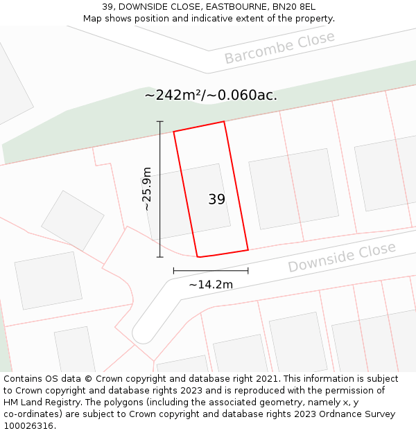 39, DOWNSIDE CLOSE, EASTBOURNE, BN20 8EL: Plot and title map