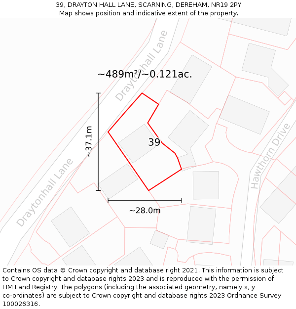 39, DRAYTON HALL LANE, SCARNING, DEREHAM, NR19 2PY: Plot and title map