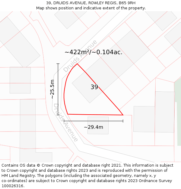 39, DRUIDS AVENUE, ROWLEY REGIS, B65 9RH: Plot and title map