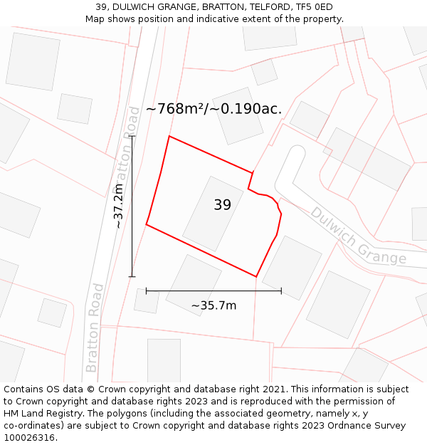 39, DULWICH GRANGE, BRATTON, TELFORD, TF5 0ED: Plot and title map