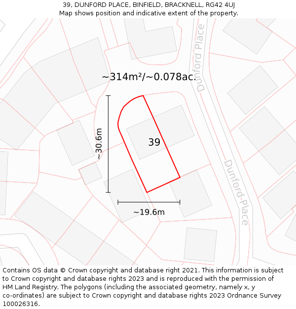39, DUNFORD PLACE, BINFIELD, BRACKNELL, RG42 4UJ: Plot and title map